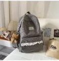 Grey corduroy school backpack with cute bow patterns, lace pocket and bear pendant for girls. - With Pendant / L / Gray