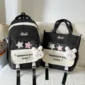 Black and white canvas backpack and tote set with cute plush bunny pendant and stars. - Two-Piece Set / With Pendant / Black