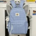 Light blue plaid school backpack with cute bear patch, casual student bookbag for daily use. - Large With Charm / Blue