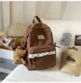 Korean style ins brown corduroy backpack cute school bag for women and teen girls daily use - No Pendant / S / Coffee