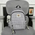 Classic black and white plaid backpack with cute bear patch, ideal for daily school and casual use. - S / Black