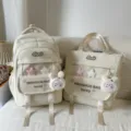 Cream cute student school backpack set with transparent pocket and bunny plush pendant. - Two-Piece Set / With Pendant / White