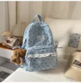 Korean ins style blue corduroy backpack for women, cute bow pattern school bag with bear pendant. - No Pendant / S / Blue