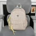 Cute Japanese plaid backpack with cute bear patch, fresh style school bag for students. - S / Khaki