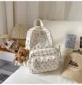 Korean ins-style white corduroy backpack with cute bow prints and plush bear pendant. - No Pendant / S / White