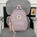 Sweet pink plaid backpack for women girls, cute Japanese style school bag with bear patch. - S / Pink