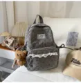 Korean ins style grey corduroy backpack for women, cute bow pattern school bag with front pocket. - No Pendant / S / Gray