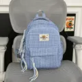 Blue plaid casual backpack for women cute school bookbag with tassels and bear patch - S / Blue