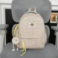 Cute plaid backpack ins style school bag for women and students with bear patch and plush pendant. - Small With Charm / Khaki