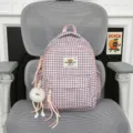 Cute pink plaid backpack sweet style school bag casual daypack for women and student daily use - Small With Charm / Pink