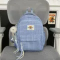 Cute blue plaid student backpack with charms, stylish Japanese ins style school bag. - Small With Charm / Blue