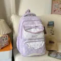 Joli sac à dos scolaire à pois violet avec nœud et bordure en dentelle pour filles - Sans pendentif / Violet