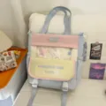 Koreanischer Dopamin Farbblock Canvas Schulterrucksack für Schüler, süße Einkaufstasche. - Blau (Ohne Anhänger)
