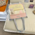 Sac cabas en toile coloré style coréen, sac bandoulière tendance pour étudiants et loisirs - Bleu + Pendentif