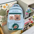 Zaino ita azzurro carino cartone animato capibara patch orso grande borsa scolastica zainetto - Blu