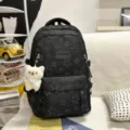 Campus style girls black star print backpack large capacity schoolbag with cute bear pendant - Greedy Bear Pendant / Black