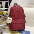 Red star print school backpack for girls, large capacity campus style book bag with cute bear. - Greedy Bear Pendant / Red