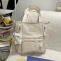 Large capacity canvas tote bag with star pattern and cute bear pendant for daily use. - Tutoring Bag with Greedy Bear / White