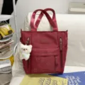 Red star print canvas tote bag with cute bear pendant, large capacity casual shoulder bag for women. - Tutoring Bag with Greedy Bear / Red