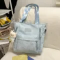 Light blue tote bag with star pattern, large capacity shoulder bag with cute bear pendant. - Tutoring Bag with Greedy Bear / Blue