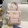 Pink star patterned tote backpack with cute bear pendant and multiple zipper pockets for use. - Tutoring Bag with Greedy Bear / Pink