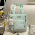 Mint green canvas tote bag with star patterns, cute bear pendant, and dual straps. - Tutoring Bag with Greedy Bear / Green