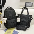 Campus style black star print school bag set with backpack tote bag and cute pencil case. - Three-Piece Set with Two Bears / Black