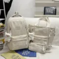Cute aesthetic school backpack set for teen girls, large capacity canvas bookbag with cute bear. - Three-Piece Set with Two Bears / White