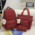 Red star print canvas school backpack set, large capacity student book bag for girls - Three-Piece Set with Two Bears / Red