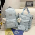 Campus style cute girls school backpack 3-piece set large capacity star pattern book bag - Three-Piece Set with Two Bears / Blue