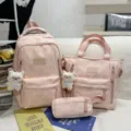 Pink campus style 3-piece school backpack set with cute star prints and bear pendant. - Three-Piece Set with Two Bears / Pink
