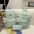 Mint green school backpack set with star pattern and cute bear pendant for students use - Three-Piece Set with Two Bears / Green