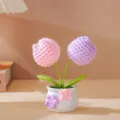 Handmade crochet flower potted plant detail view, perfect cute desk decor and lovely gift. - Pink Purple Tulip Potted Plant