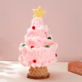 Handmade crochet pink Christmas tree detail with wool yarn, cute star top, and wooden base. - Star Christmas Tree / Pink