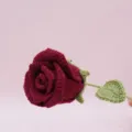 Primo piano della rosa rossa uncinetto fatta a mano, tessitura di filo dettagliata, dettaglio di casa. - Borgogna