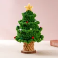 Handmade crochet Christmas tree table decor with colorful pom pom balls and wooden base. - Star Christmas Tree / Green