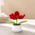 Handcrafted crochet red tulip potted plant, cozy desktop ornament, cute handmade floral decor. - Red Potted Tulip