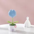Handmade crochet blue tulip flower pot detail shot, cute knitted desk ornament gift. - Potted - Single Head Tulip (Blue)