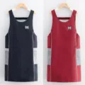 Waterproof sleeveless kitchen apron with wipeable hands pocket, solid color waist-cinching style. - 2-Piece Set Wipeable Vest Navy Blue and Red