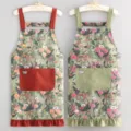 Delantal de cocina de algodón, estilo pintura al óleo floral con bolsillos y volantes. - Conjunto de 2 Piezas Rojo Anaranjado y Verde