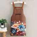 Delantal de cocina impermeable con estampado floral 3D, bolsillo con cremallera y tirantes. - Floral 3D - Marrón