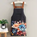 Delantal de cocina impermeable con estampado floral 3D, tirantes ajustables y bolsillo útil. - Floral 3D - Negro