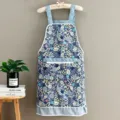 Floral Kitchen Apron Canvas Blue Pastoral Style Cooking Bib with Utility Pocket for Cook - Sunflower Canvas Strap Blue