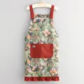 Delantal de cocina de algodón de bambú floral con bolsillo y volante, estilo pintura al óleo. - Rojo Anaranjado