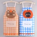 Cartoon checkered hanging neck apron adult sleeveless kitchen oil-proof breathable wipeable - 2 Pieces Set - Orange Grid Brown Bear + Blue Grid Apple