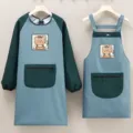 Tablier Imperméable Manches Longues Ours Mignon Cuisine Blouse Variant Bleu Vert Style - Ensemble Blouse Raton Laveur Bleu Et Bretelles