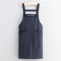 Delantal de tirantes de algodón para adultos con rayas blancas azules, ropa de trabajo de cocina. - Azul Oscuro