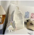 Sac à dos d'école en toile couleur macaron douce avec broderie de nœud et pendentif peluche. - Petit (Avec Pendentif) / Blanc