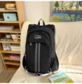 Black minimalist sports backpack with cute cat ears, stylish vertical stripes and large capacity. - Black Large