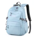 Vista dettagliata dello zaino scolastico azzurro impermeabile con scomparti e spallacci traspiranti. - Blu